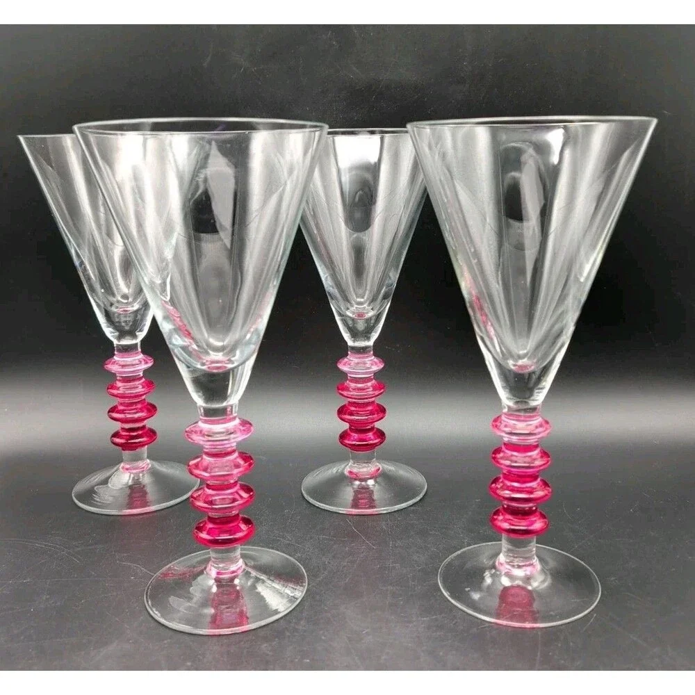 4 Vtg Pier 1 P1C18 Pink Stacked Ring Stem Water Goblet Wine Glass Clear V Bowl